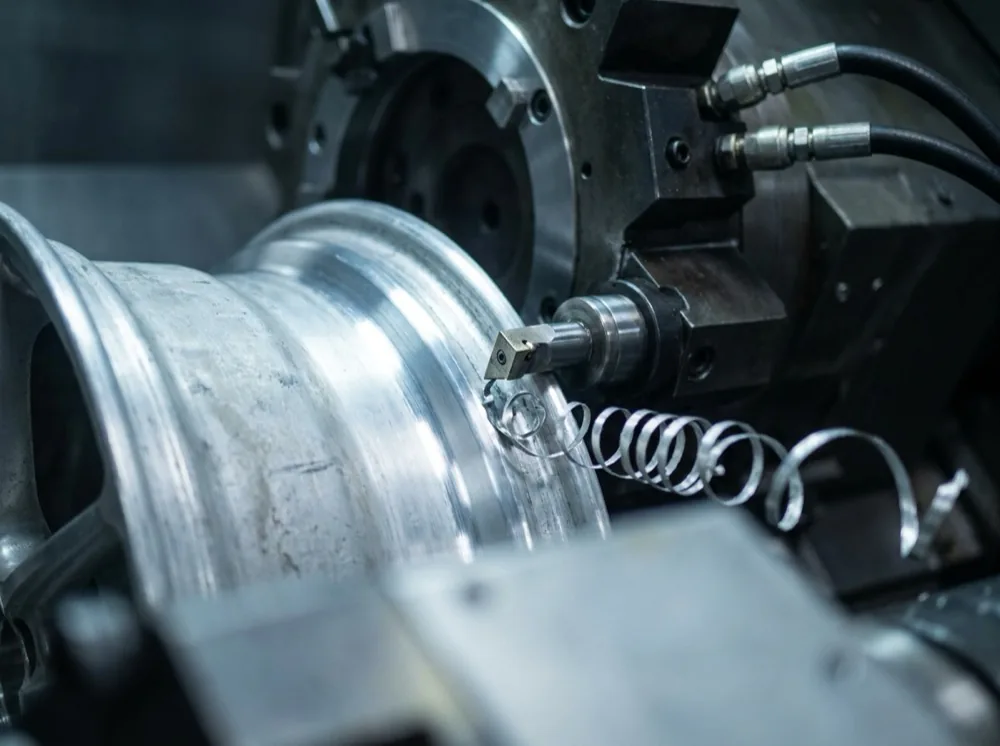 Alloy wheel face being re-machined on a lathe at Wheel Repair Ltd